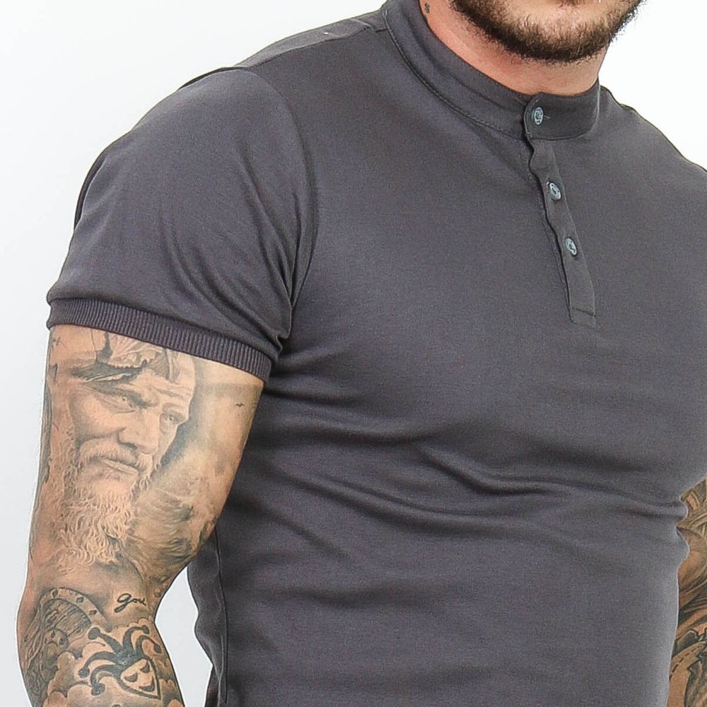 Camiseta Camisa Gola Padre Masculina Suedine Com Botão Slim Cinza