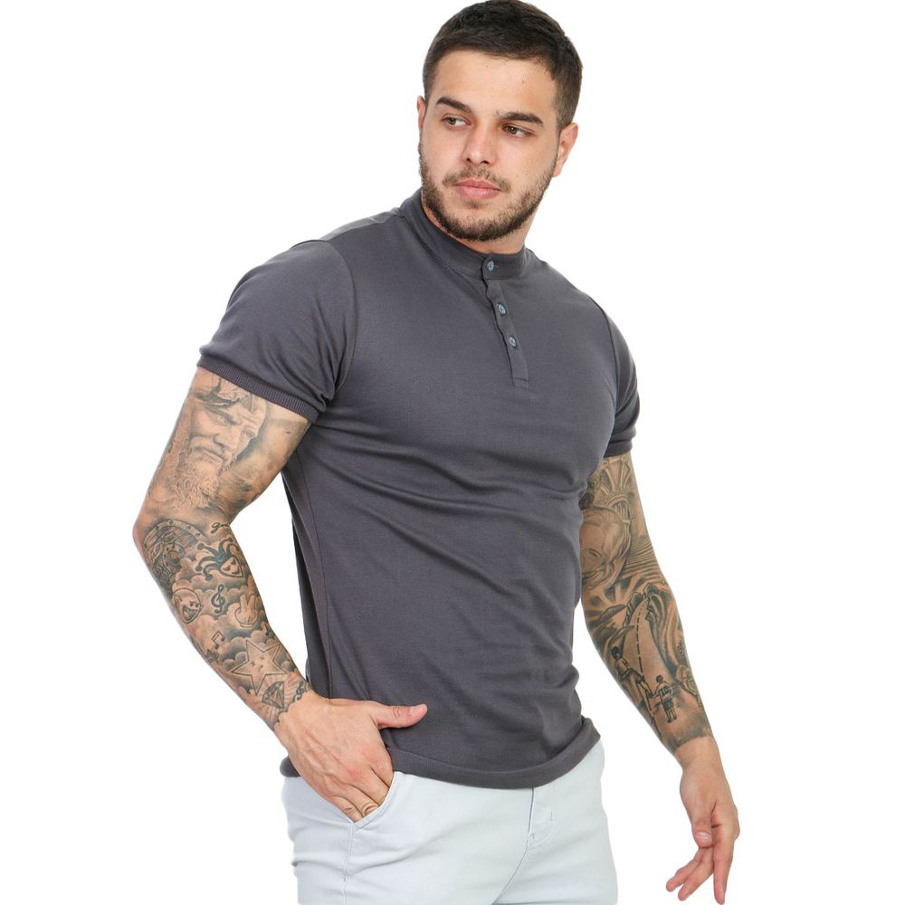 Camiseta Camisa Gola Padre Masculina Suedine Com Botão Slim Cinza