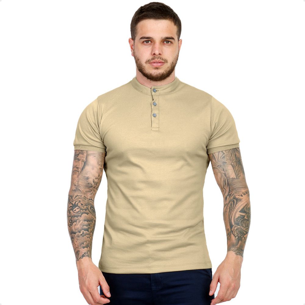 Camiseta Camisa Gola Padre Masculina Suedine Com Botão Slim Cáqui