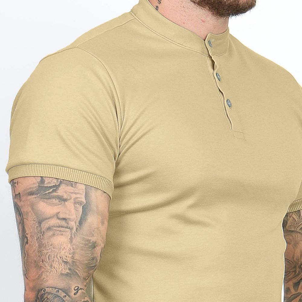 Camiseta Camisa Gola Padre Masculina Suedine Com Botão Slim Cáqui