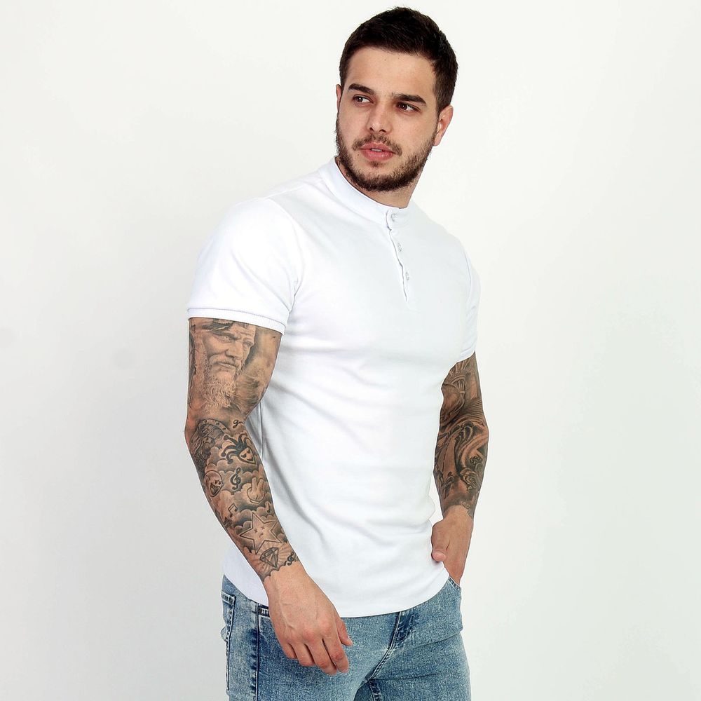 Camiseta Camisa Gola Padre Masculina Suedine Com Botão Slim Branco