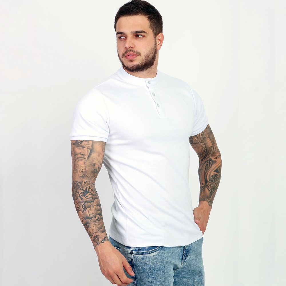 Camiseta Camisa Gola Padre Masculina Suedine Com Botão Slim Branco