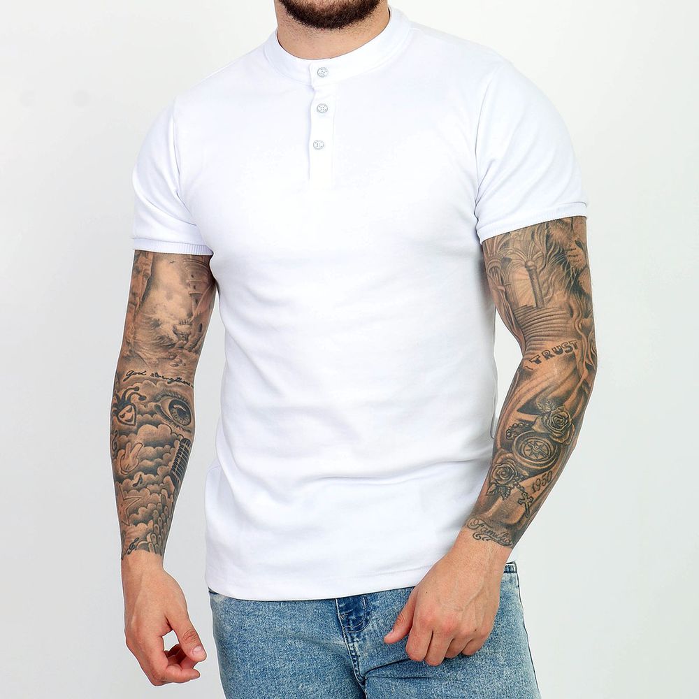 Camiseta Camisa Gola Padre Masculina Suedine Com Botão Slim Branco