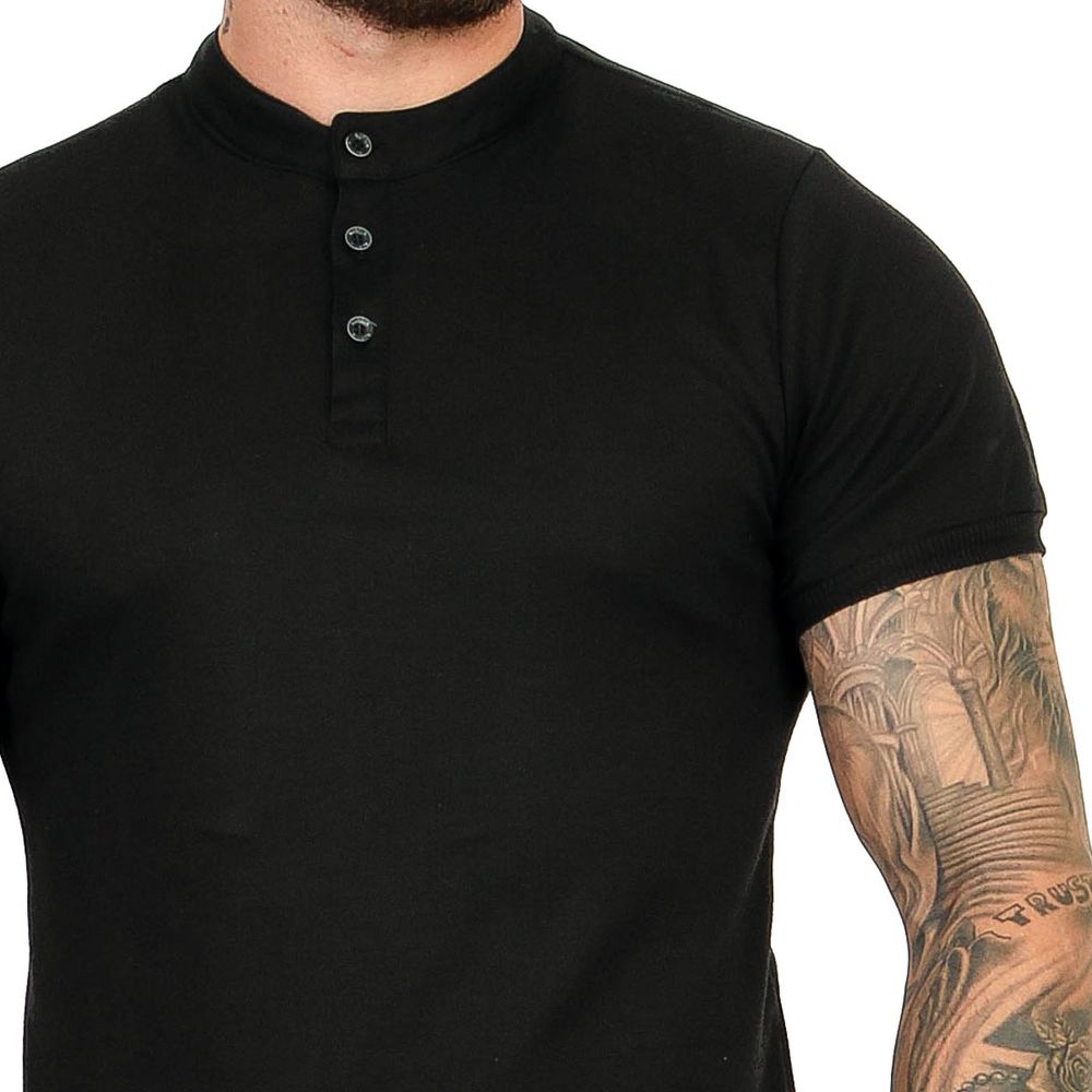 Camiseta Camisa Gola Padre Masculina Suedine Com Botão Slim Preto