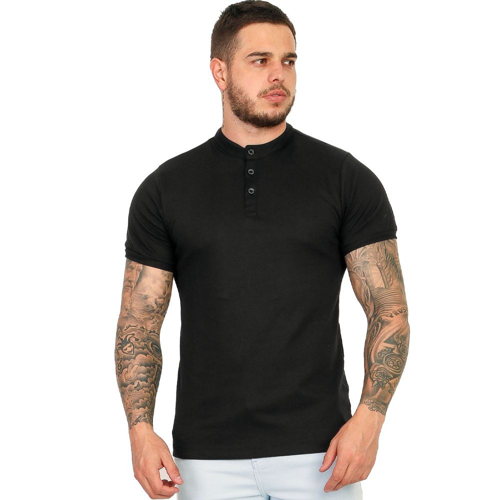 Camiseta Camisa Gola Padre Masculina Suedine Com Botão Slim Preto