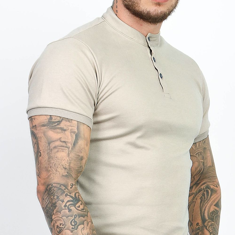 Camiseta Camisa Gola Padre Masculina Suedine Com Botão Slim Bege