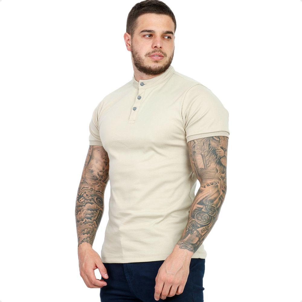 Camiseta Camisa Gola Padre Masculina Suedine Com Botão Slim Bege