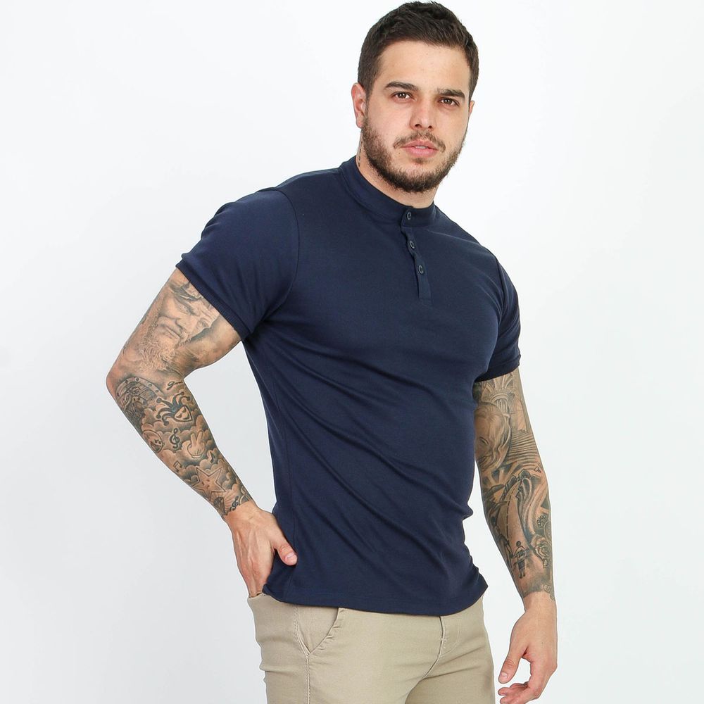 Camiseta Camisa Gola Padre Masculina Suedine Com Botão Slim Azul