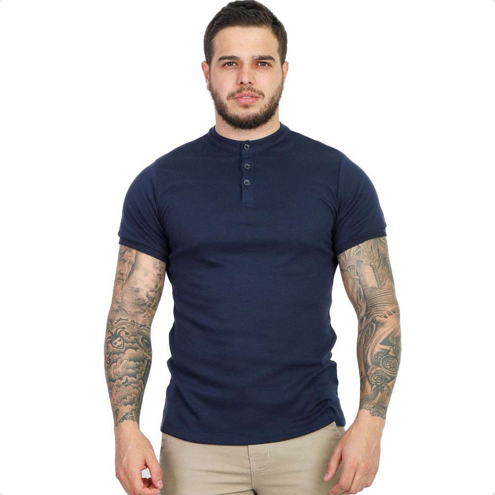 Camiseta Camisa Gola Padre Masculina Suedine Com Botão Slim Azul