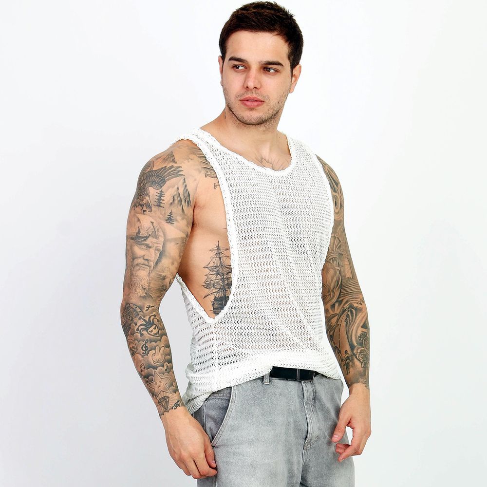 Camiseta Regata Masculina Crochê Telinha Textura Vazada Slim Branco