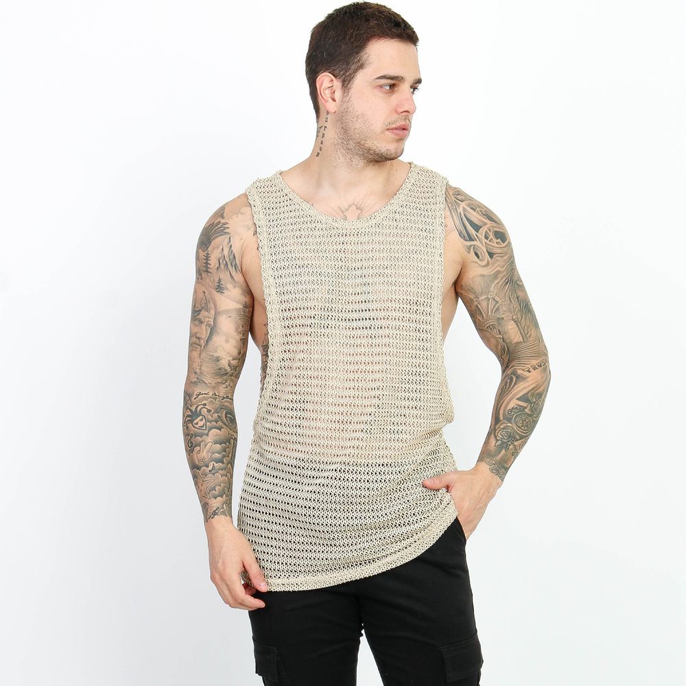 Camiseta Regata Masculina Crochê Telinha Textura Vazada Slim Nude