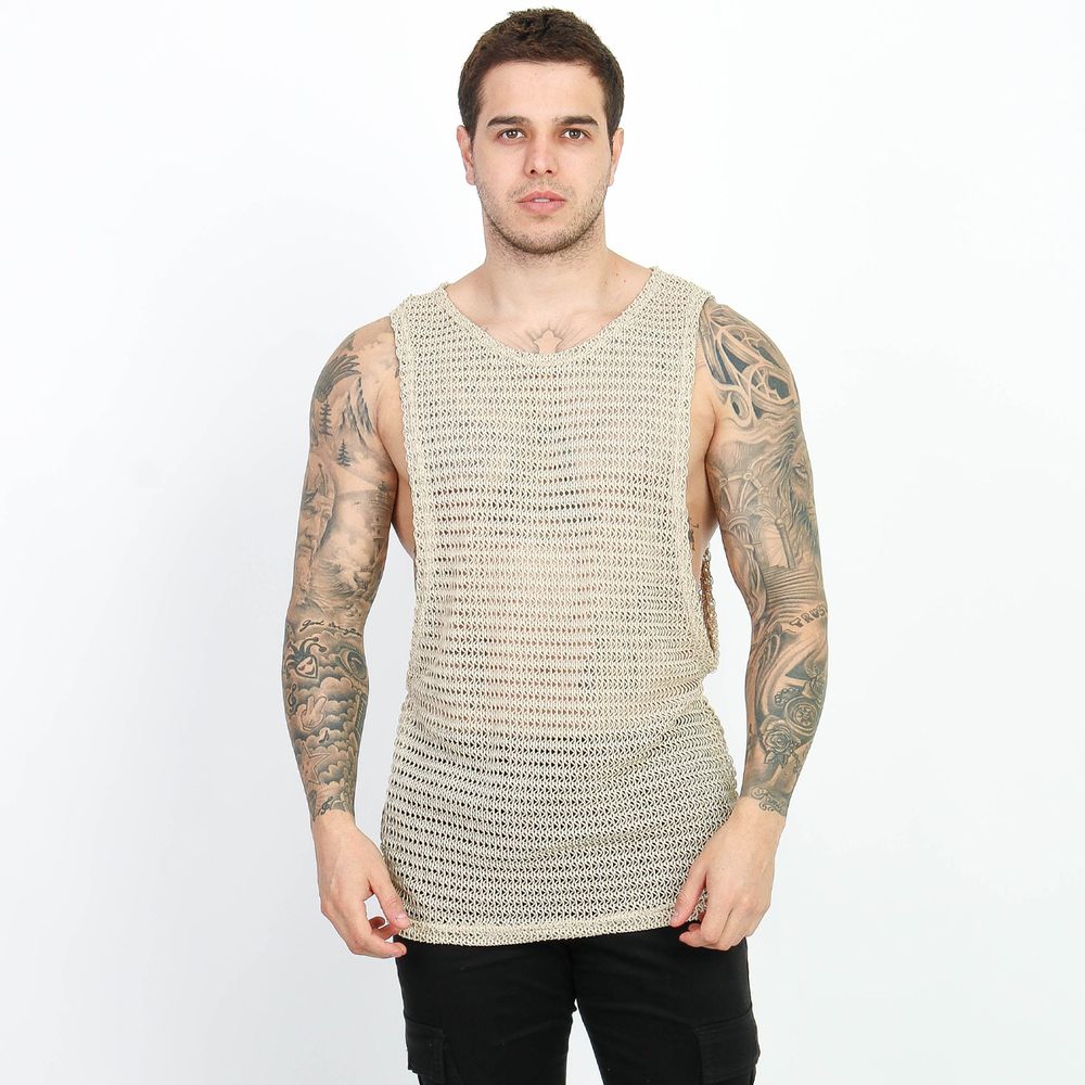 Camiseta Regata Masculina Crochê Telinha Textura Vazada Slim Nude