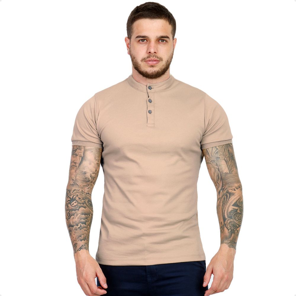 Camiseta Henley Gola Padre Masculina Com Botão Slim Suedine