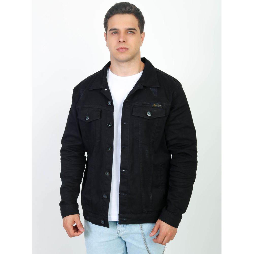 Jaqueta Jeans Preta Destroyed Detalhe Premium Masculina Slim