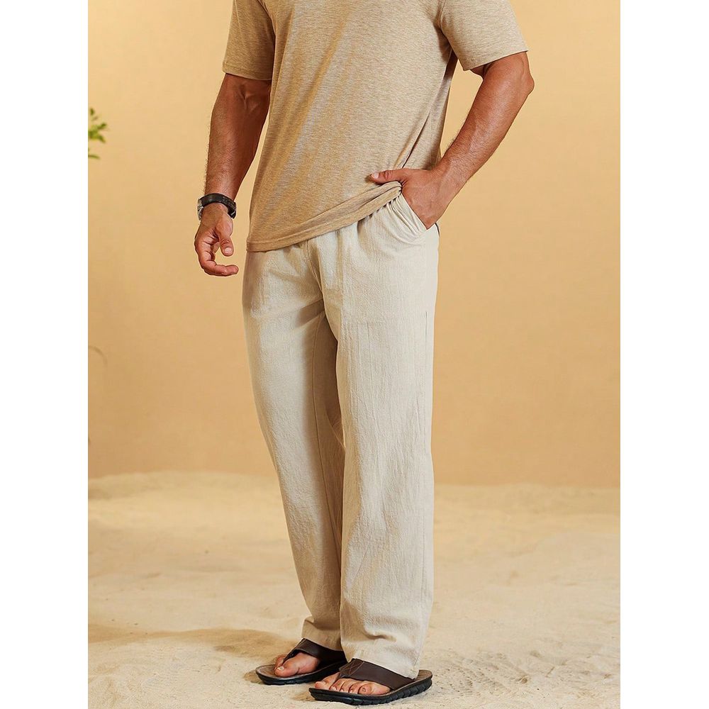 Calça Baggy Alfaiataria Linho Masculina Folgada Casual Bege