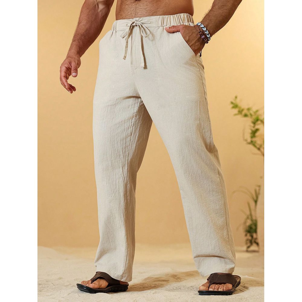 Calça Baggy Alfaiataria Linho Masculina Folgada Casual Bege