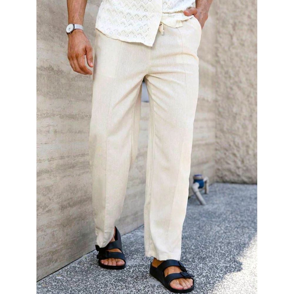 Calça Baggy Alfaiataria Linho Masculina Folgada Casual Bege