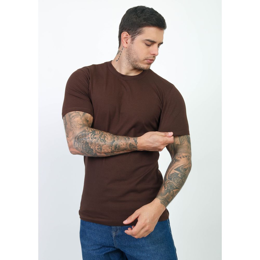 Camiseta Slim Masculina Com Elastano Malha Egipcia Premium Marrom