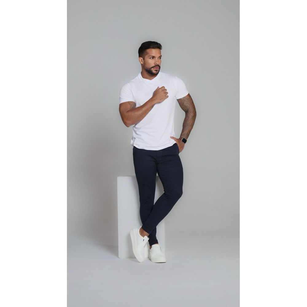 Calça Alfaiataria Skinny Acetinada Sarja Azul Marinho Homem