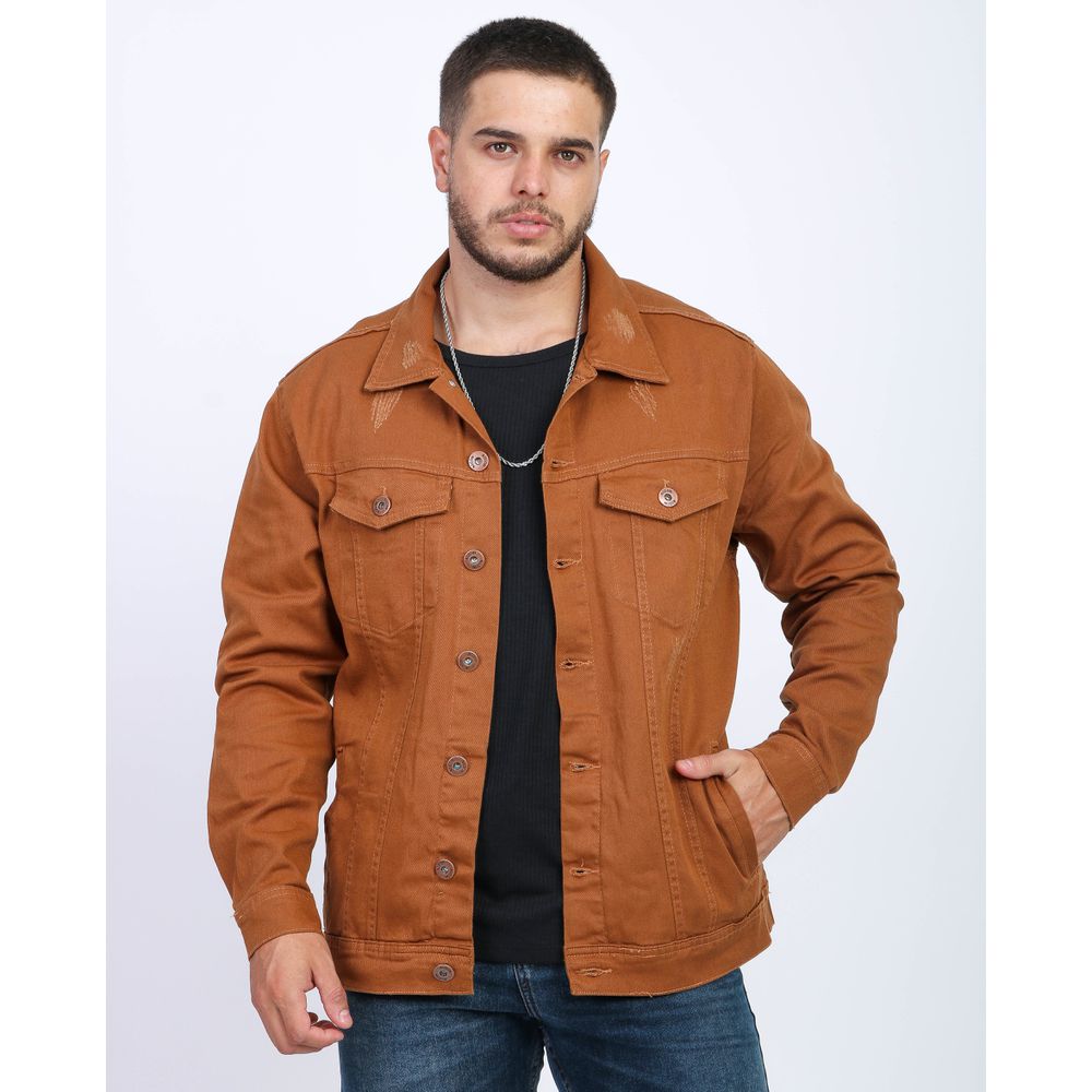 Jaqueta Sarja Caramelo Marrom Detalhes Destroyed Masculina