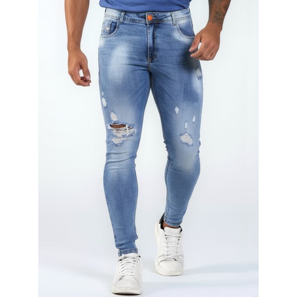 Calça Jeans Skinny Destroyed Rasgos Detalhes Devore no Laser
