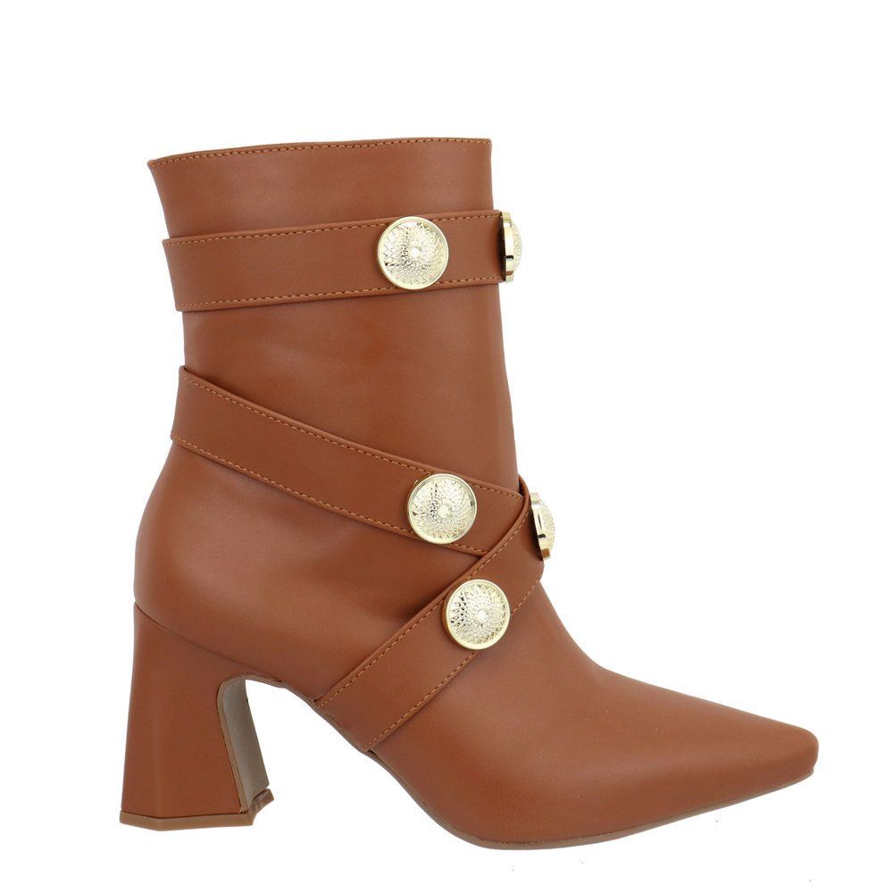 Bota Damers Feminina Salto Bloco Broche Dourado Canela