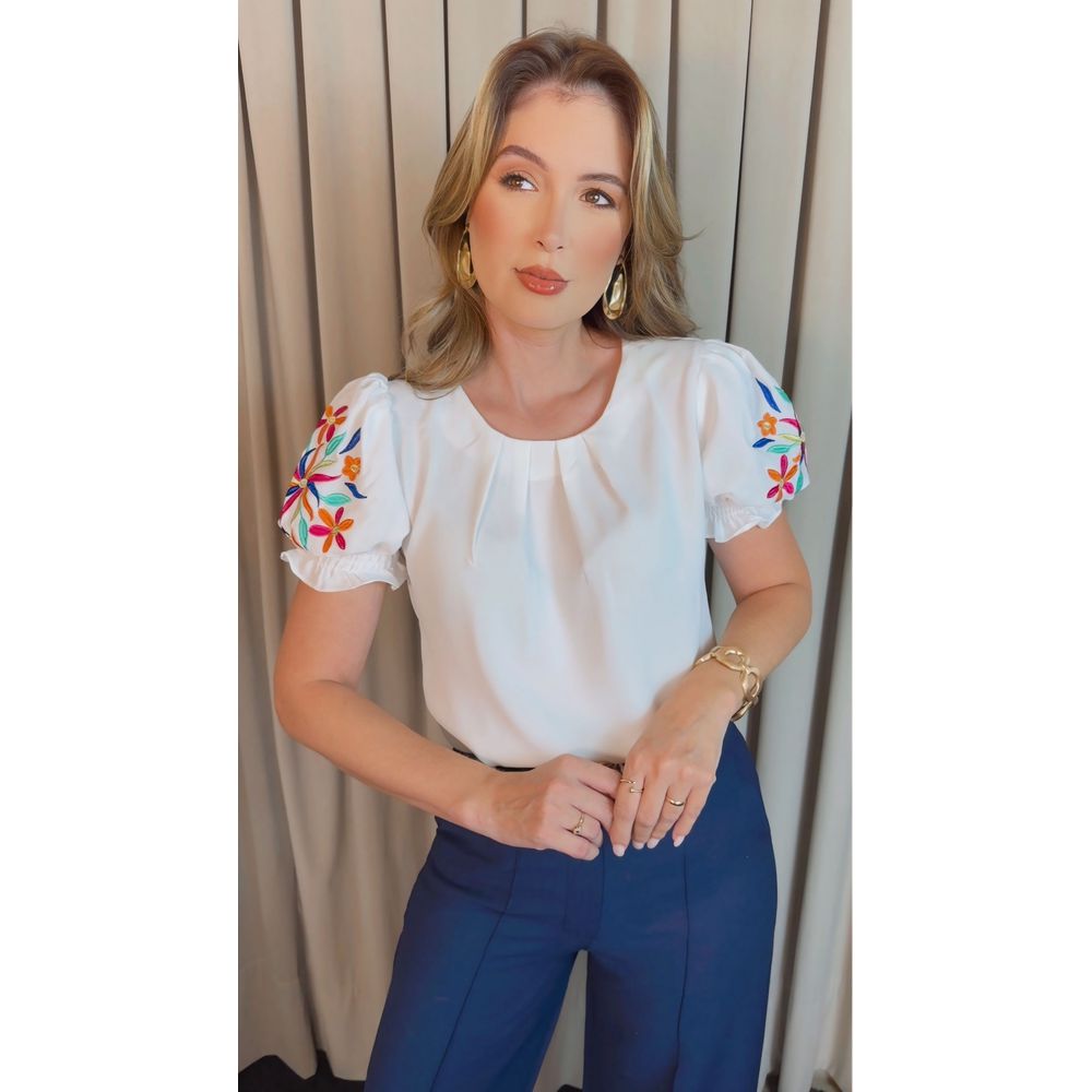 Blusa Feminina Manga Bordada Colorida - Branca - Cod 529
