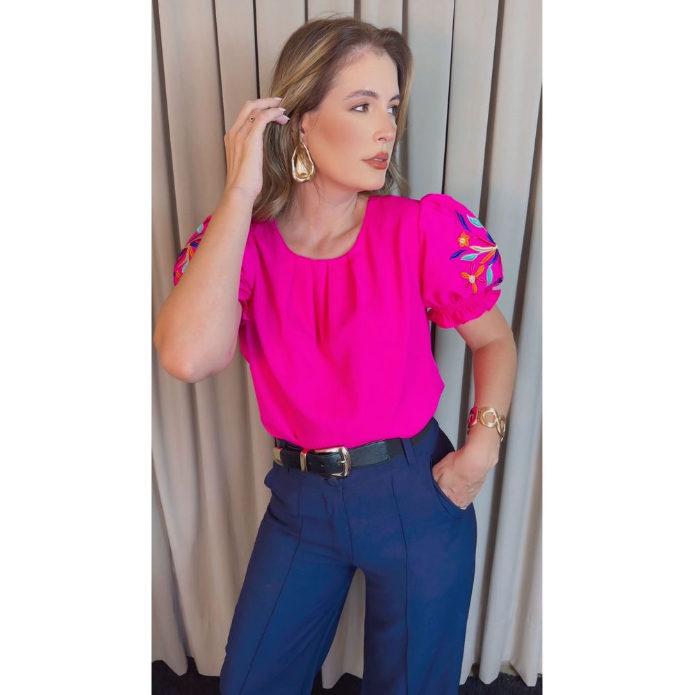 Blusa Feminina Manga Bordada Colorida - Pink - Cod 529