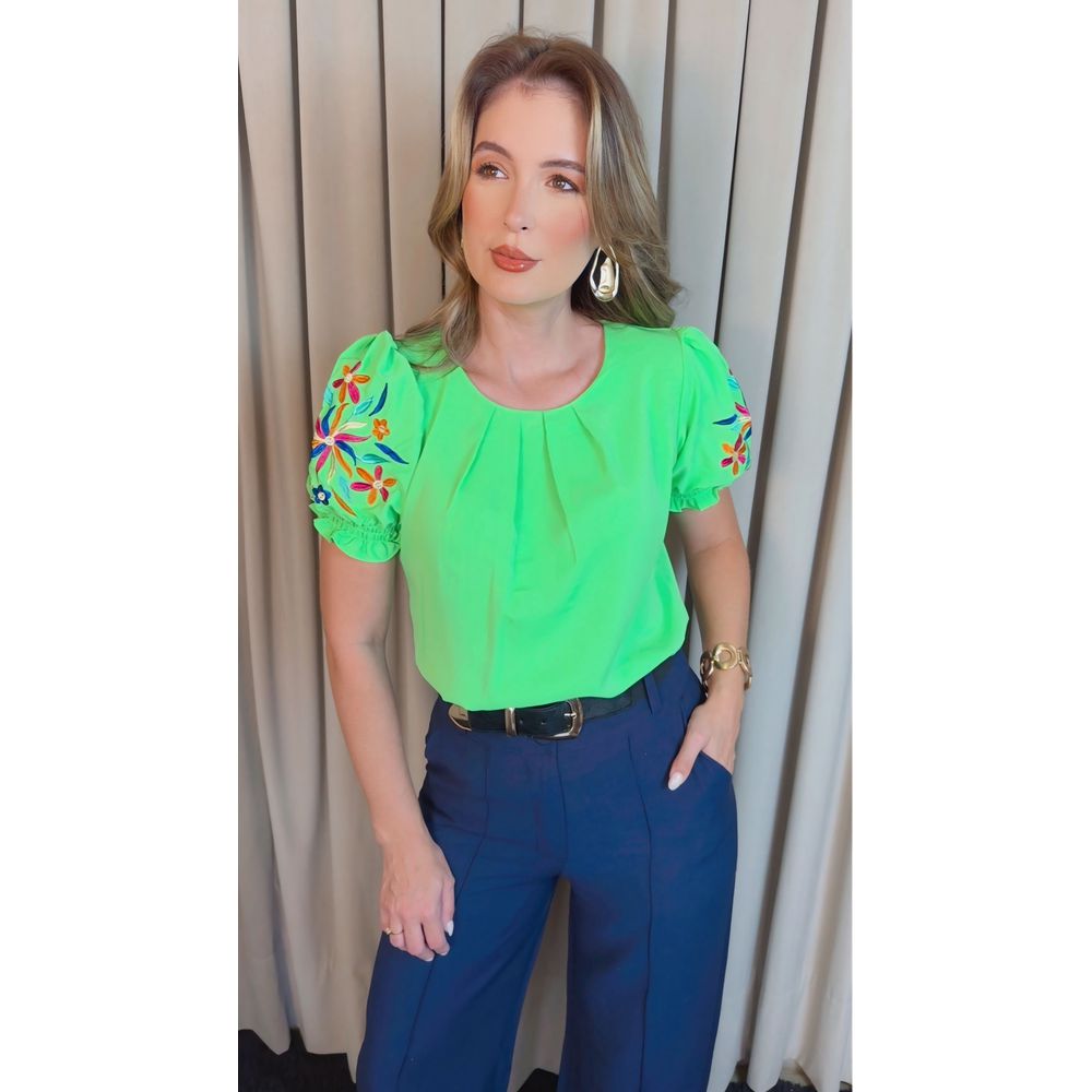Blusa Feminina Manga Bordada Colorida - Verde - Cod 529