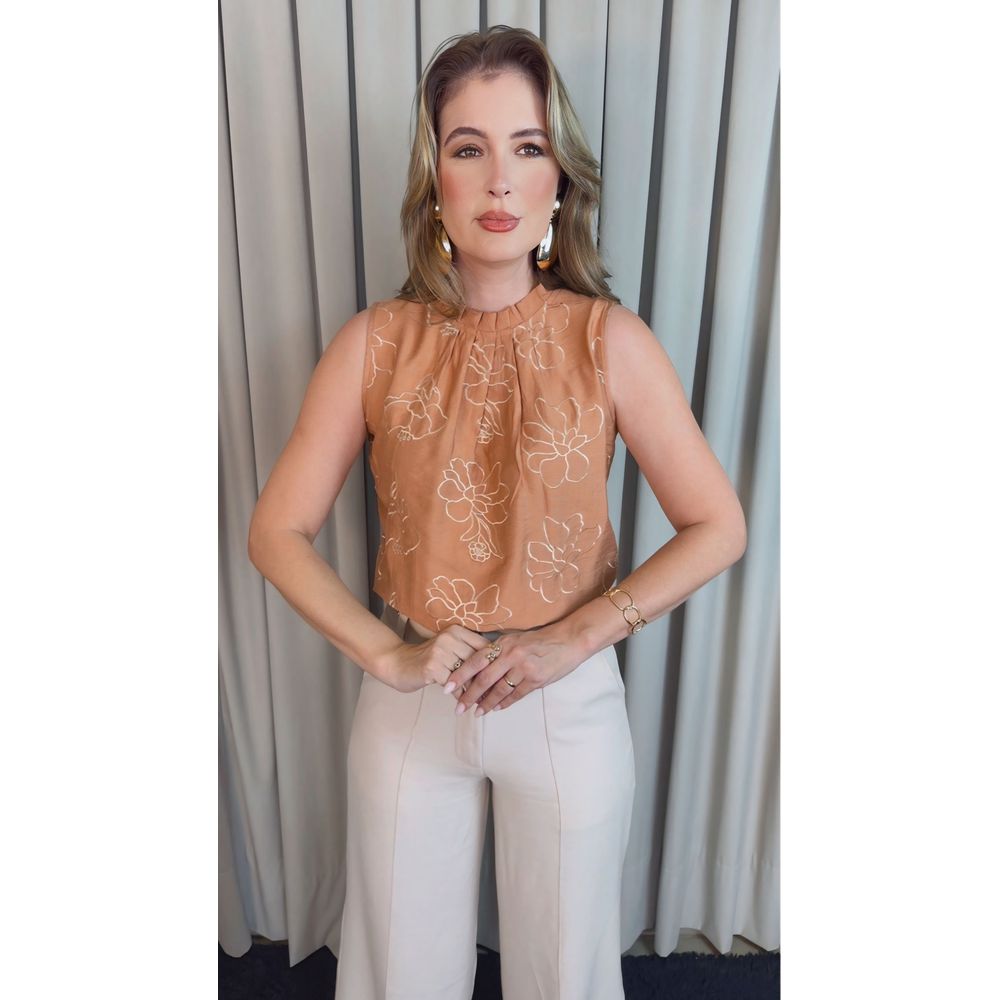 Regata Feminina Plisada Bordada - Terracota - Cod 527