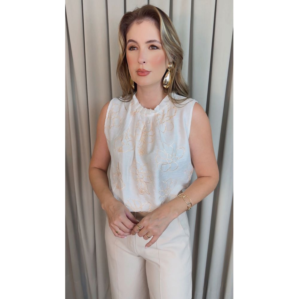 Regata Feminina Plisada Bordada - Branca - Cod 527