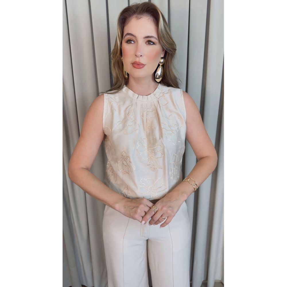 Regata Feminina Plisada Bordada - Off White - Cod 527