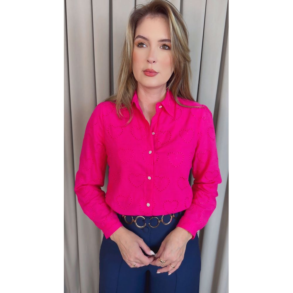 Camisa Feminina Manga Longa Bordada Lese Coração - Pink - Cod: 532
