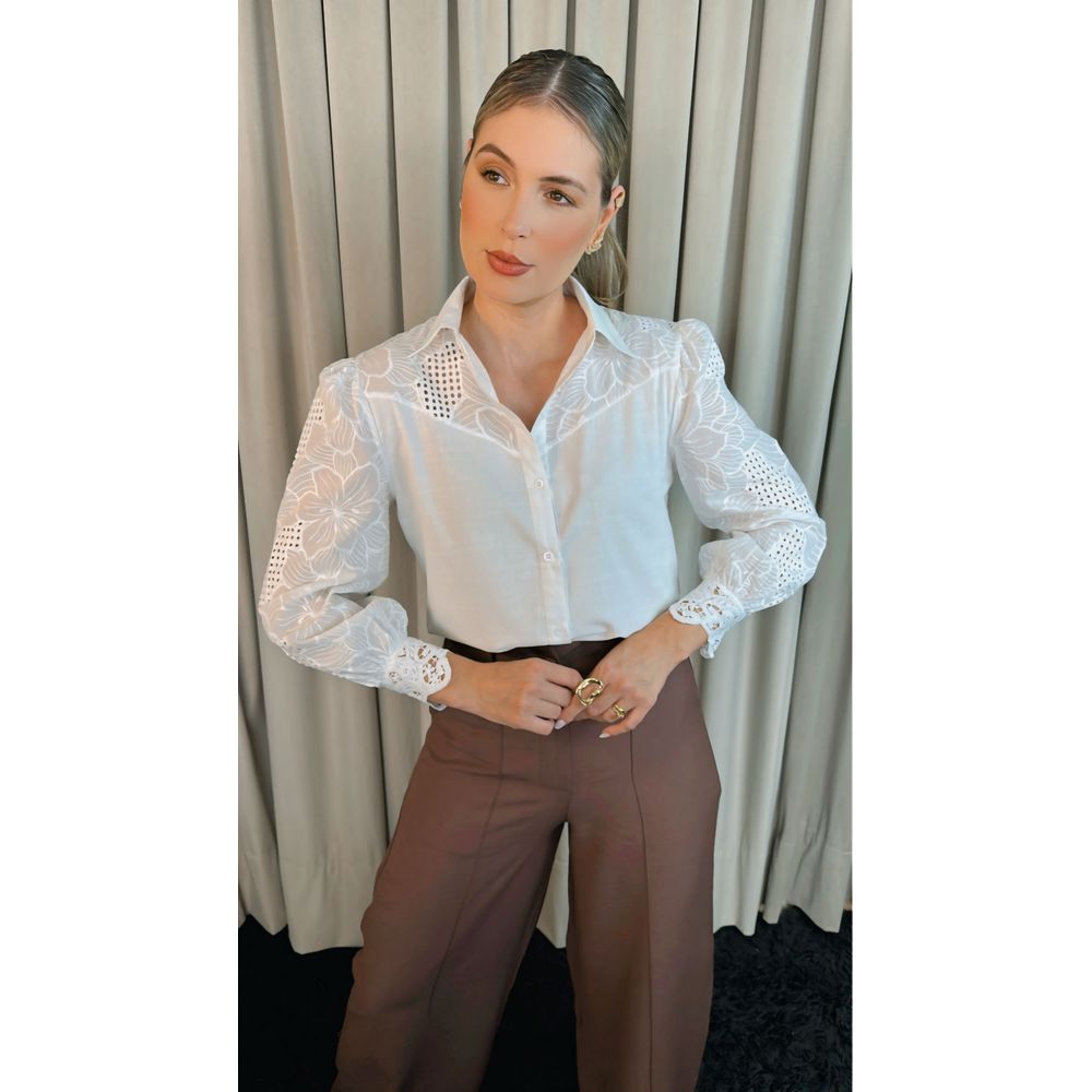 Camisa Feminina Manga Longa Bordada Flor - Cod: 299 - Branca
