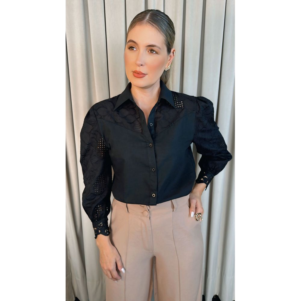 Camisa Feminina Manga Longa Bordada Flor - Cod: 299 - Preta