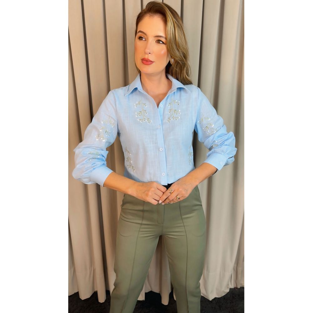 Camisa Feminina Manga Longa Bordada Ramos - Azul - Cod: 517