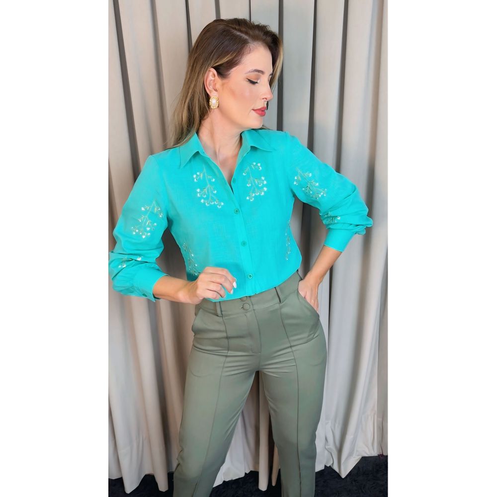 Camisa Feminina Manga Longa Bordada Ramos - Verde - Cod: 517