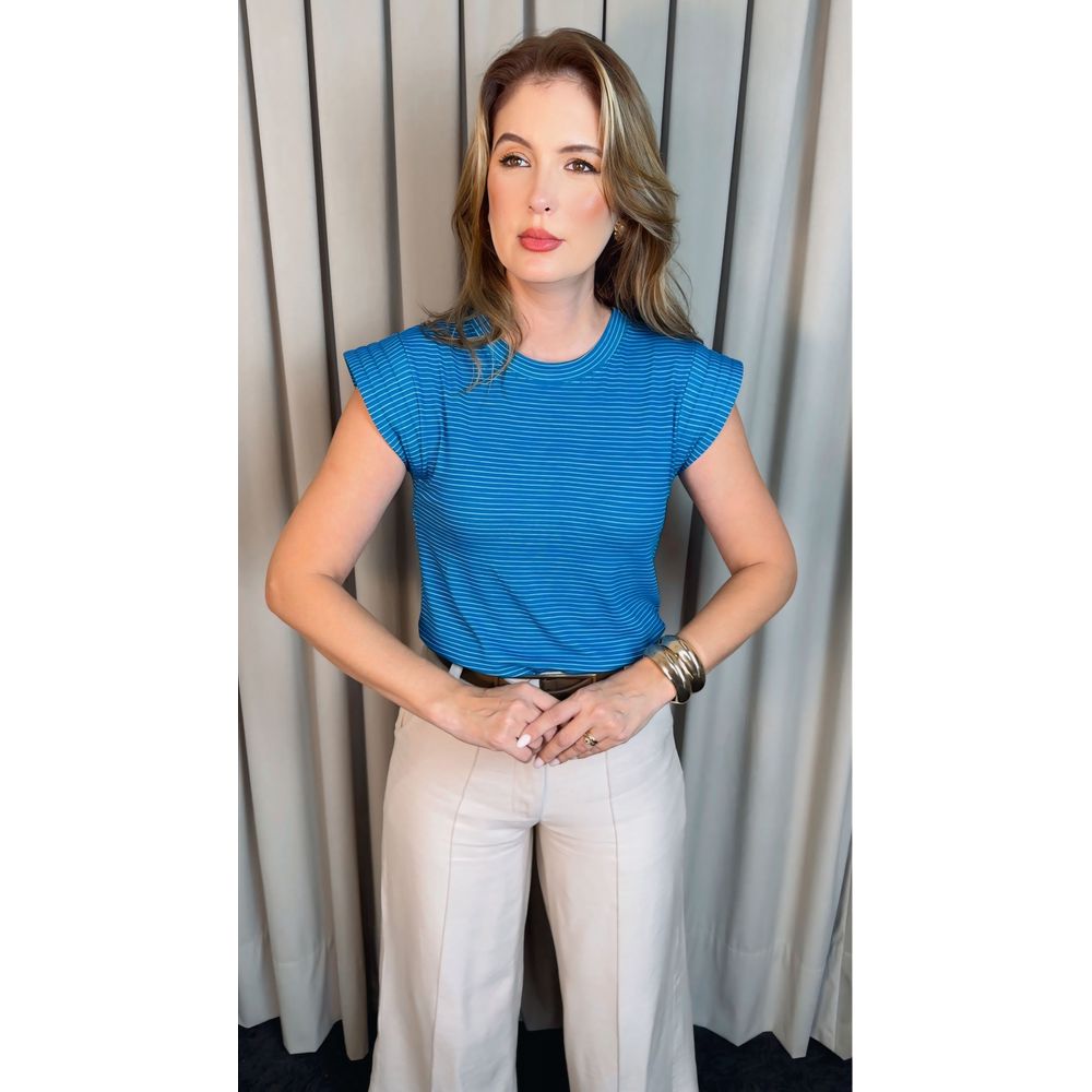 T-shirt Feminina Malha Aba - Azul Listrada - Cod 511