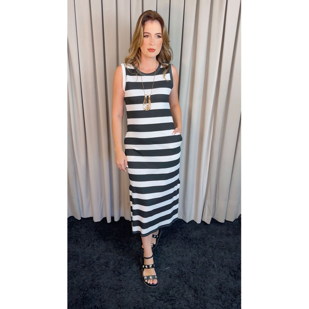 Vestido Feminino Longo Em Malha - Cod 513- Preto/ Branco