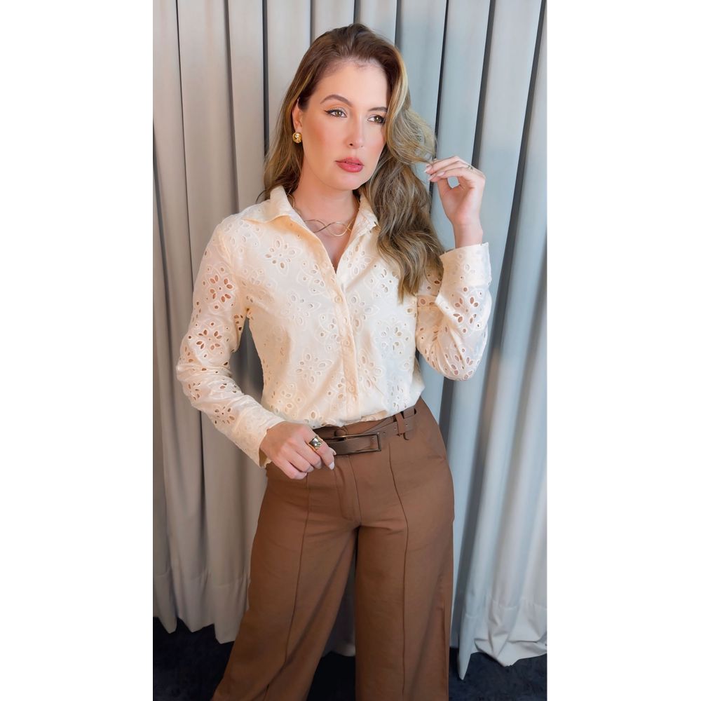 Camisa Feminina Manga Longa Bordada Lese - Off White - Cod: 516