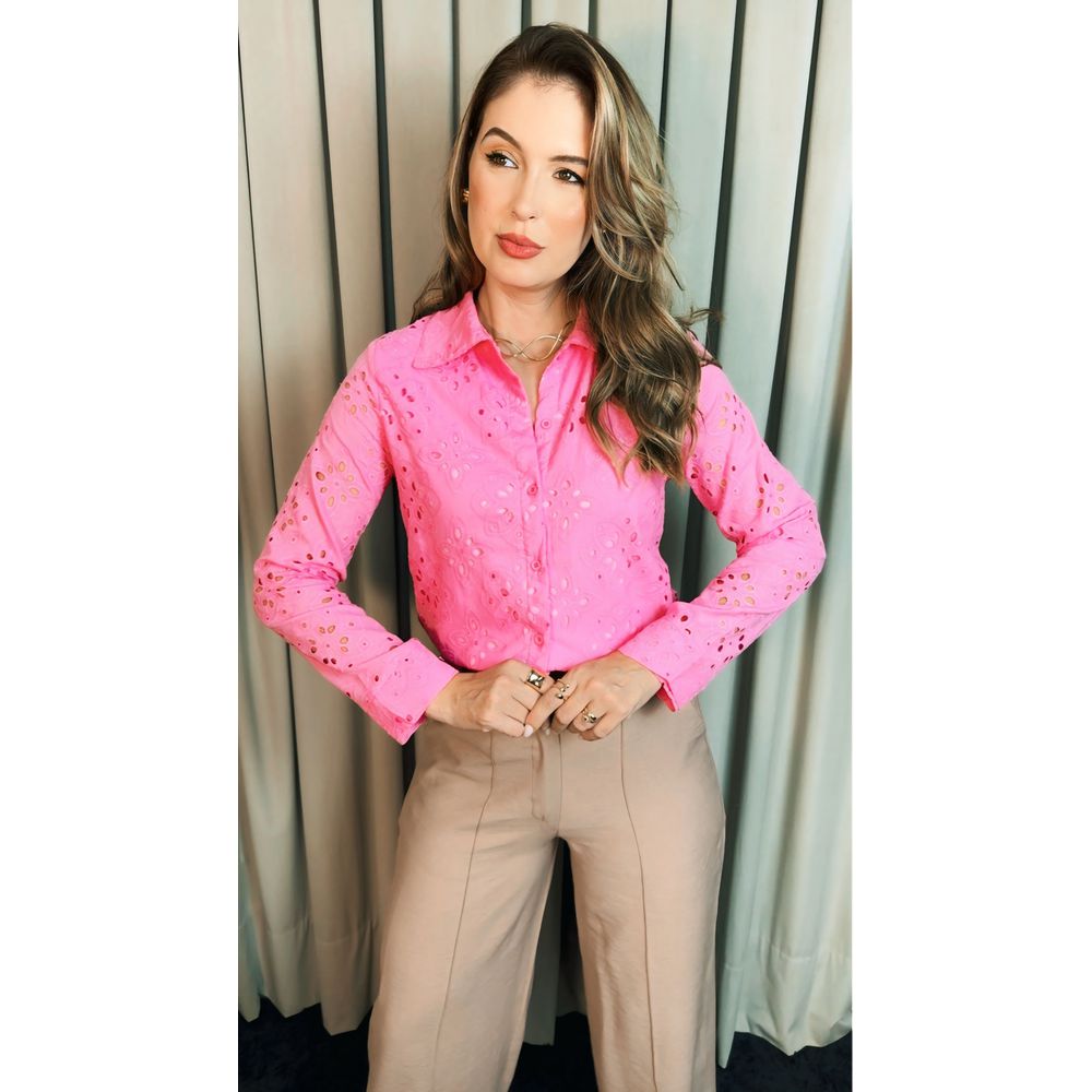 Camisa Feminina Manga Longa Bordada Lese - Rosa - Cod: 516