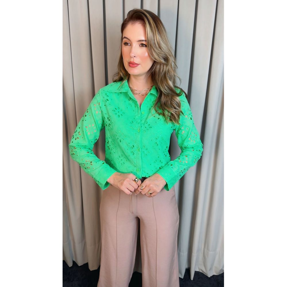 Camisa Feminina Manga Longa Bordada Lese - Verde - Cod: 516