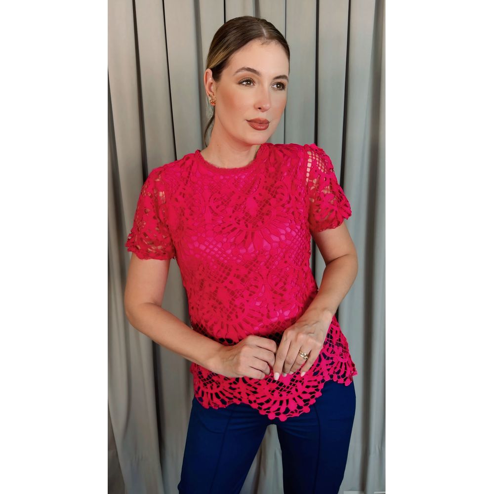 Blusa Feminina Em Guipir Bordada Delicada - Pink Cod 500