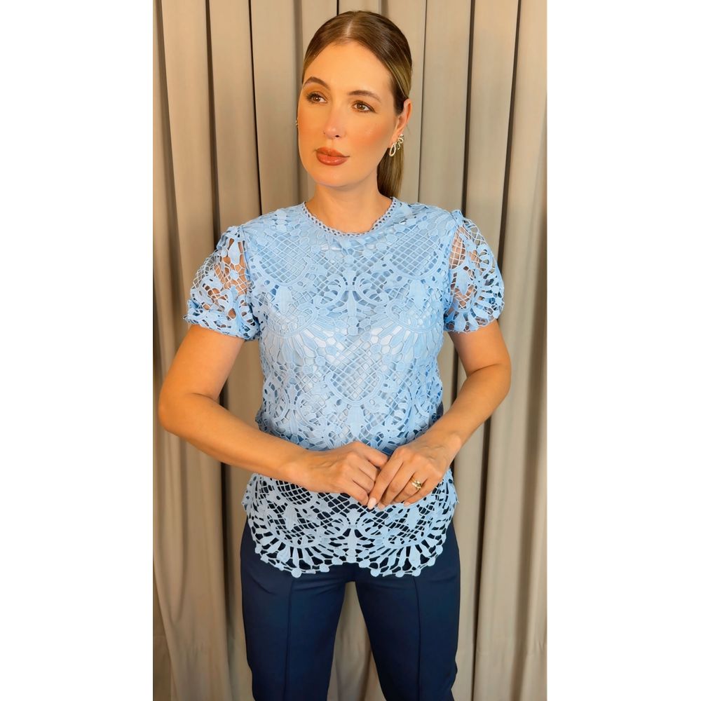 Blusa Feminina Em Guipir Bordada Delicada - Azul Cod 500