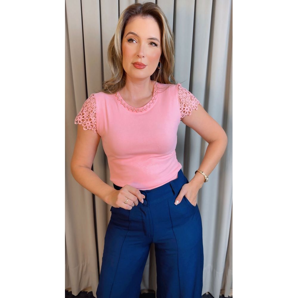 T-shirt Feminina Gola Perola - Rosa - Cod 334