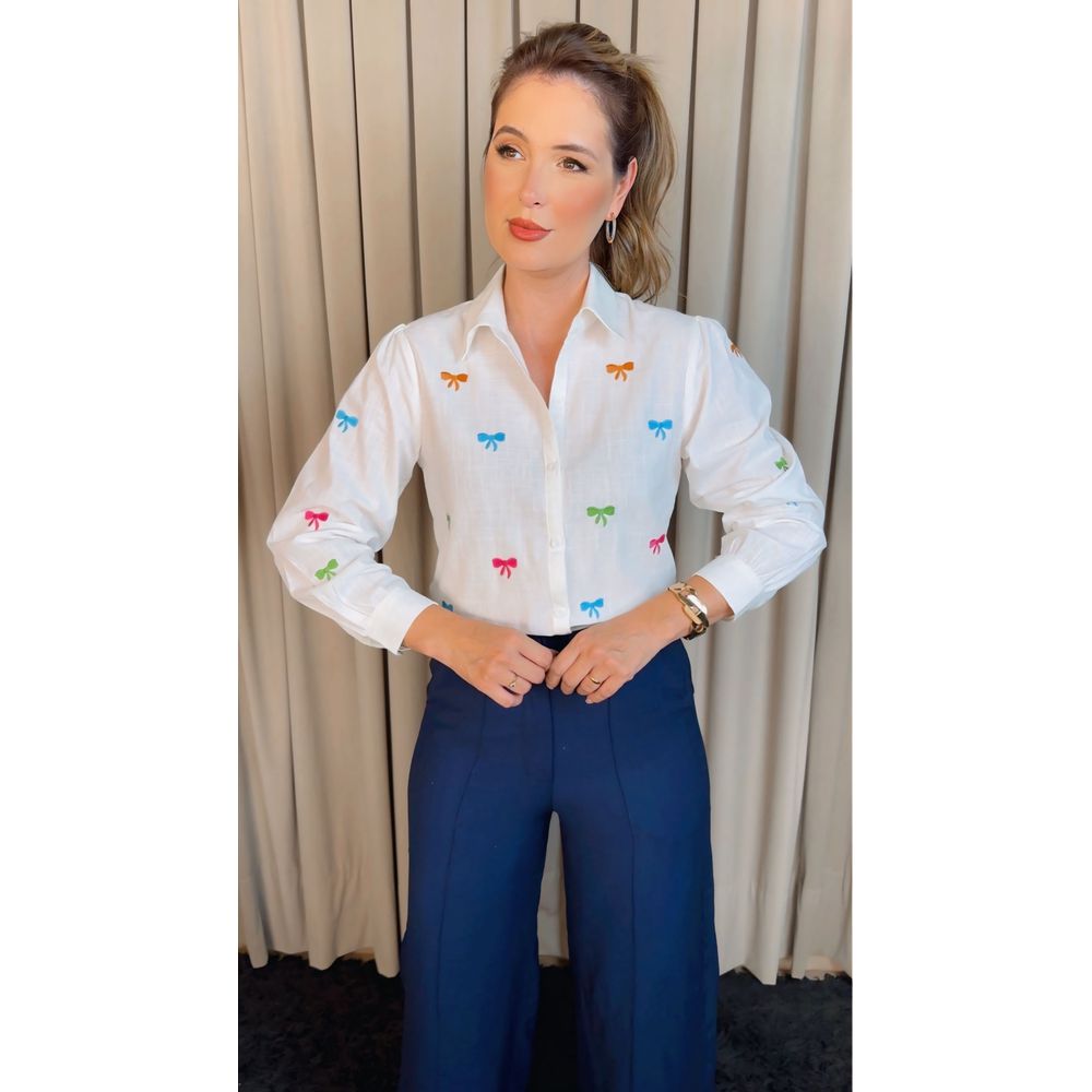 Camisa Feminina Manga Longa Bordada Laço - Cod: 326 -Branca