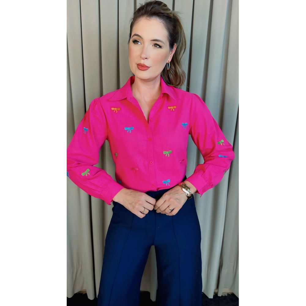 Camisa Feminina Manga Longa Bordada Laço - Cod: 326 - Pink