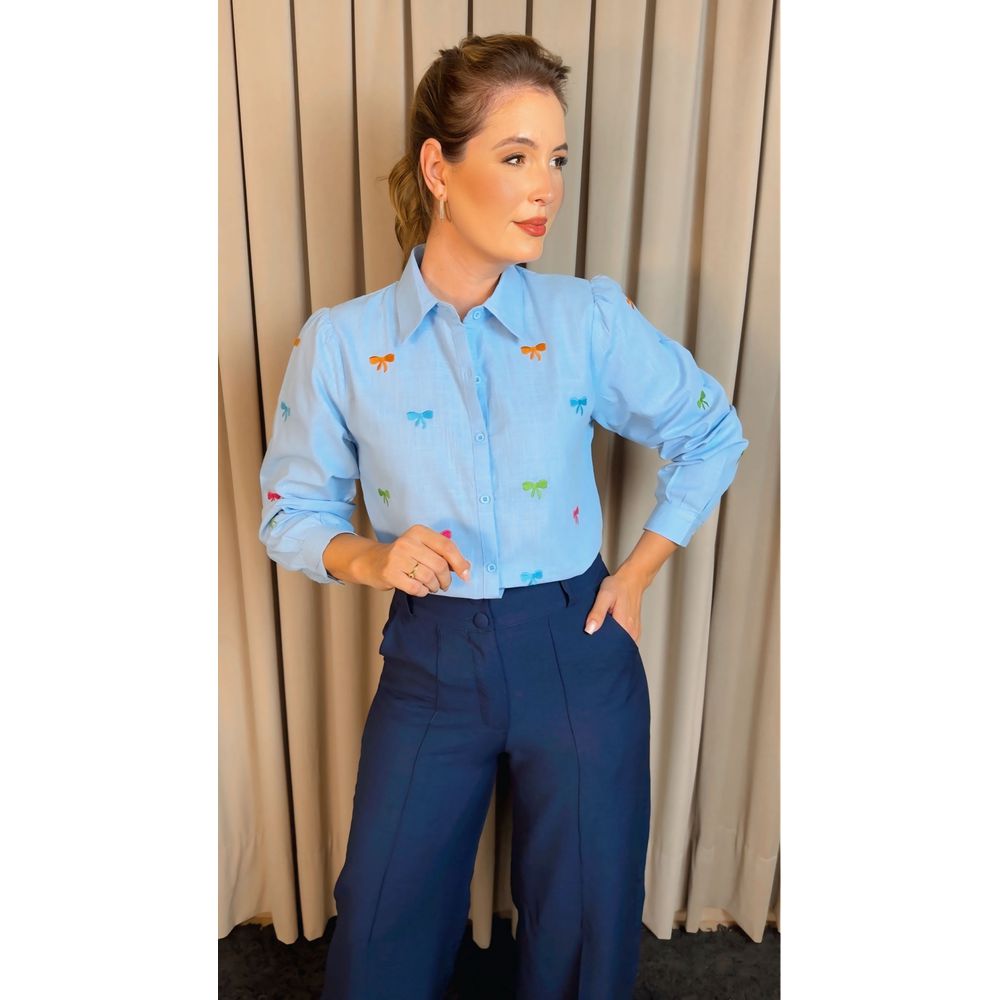 Camisa Feminina Manga Longa Bordada Laço - Cod: 326 - Azul