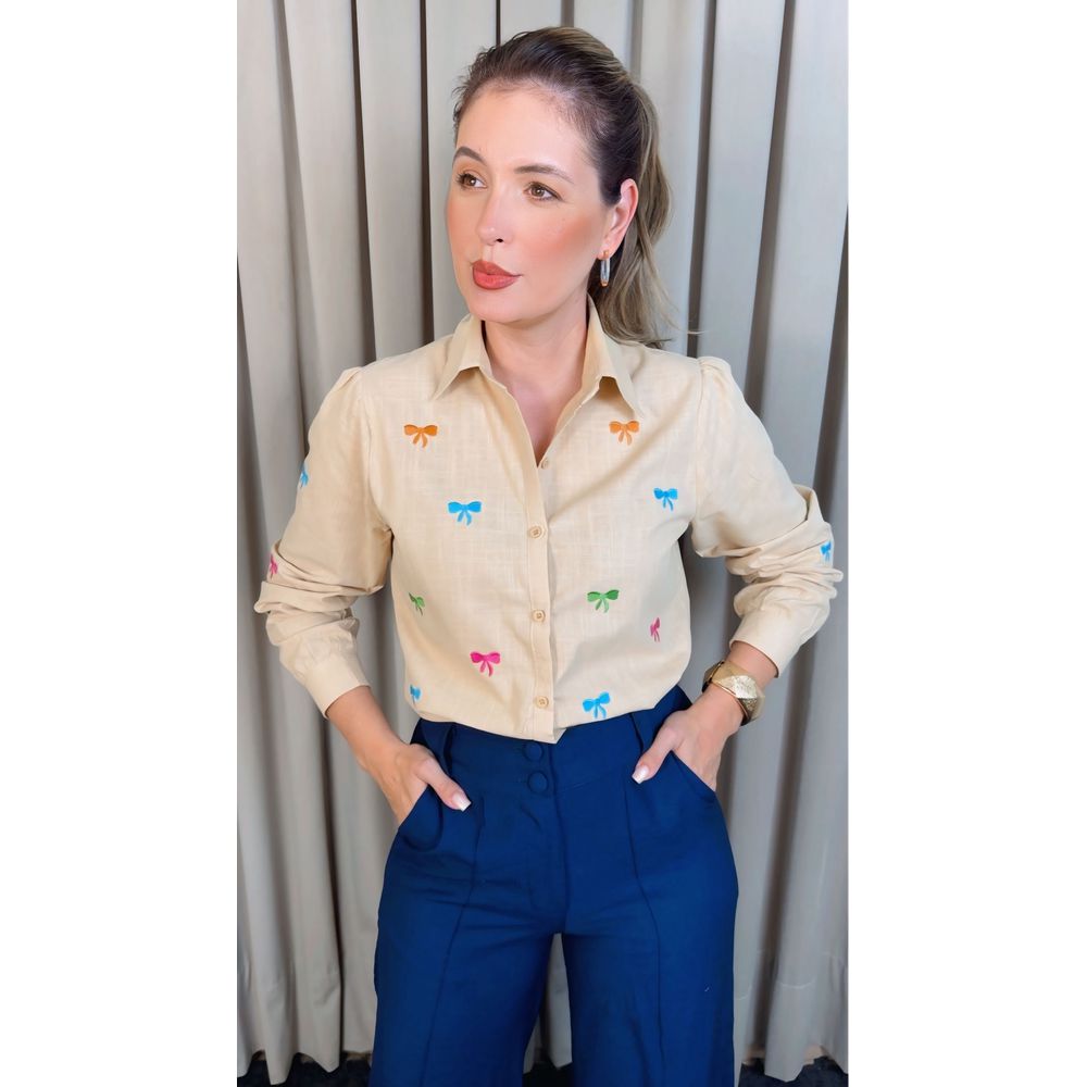 Camisa Feminina Manga Longa Bordada Laço - Cod: 326 - Off White
