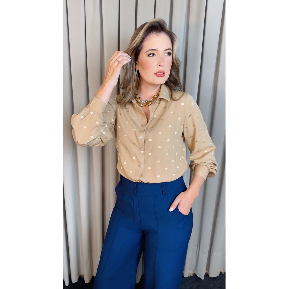 Camisa Feminina Manga Longa Bordada Poa - Cod: 327 - Nude Poa Dorado